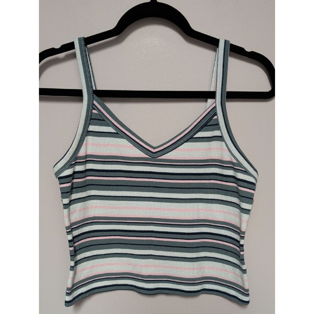 SO Striped V-Neck Cropped Tank Top - Mint, Pink & Navy